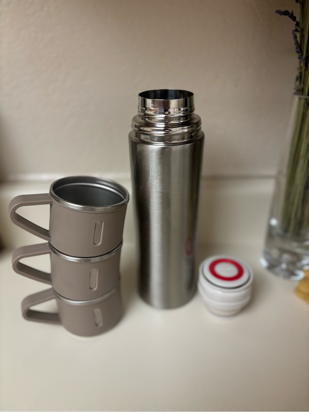 Stainless Steel Travel Thermos Bottle with Stackable Cups
